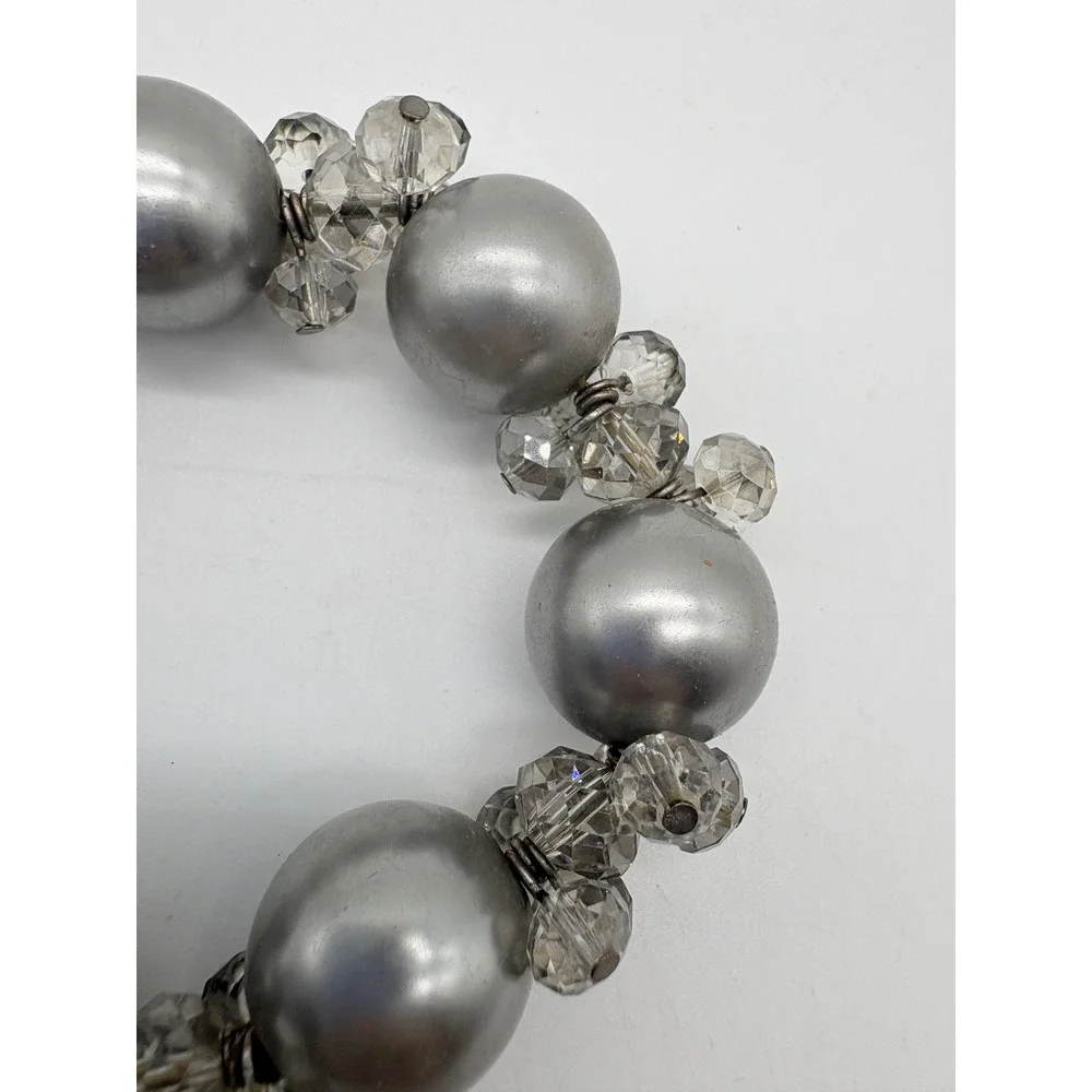 Chunky‎ Silver Faux Pearl and Faceted Crystal Beaded Stretch Statement Bracelet